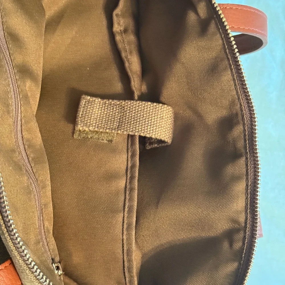Olive Green Canvas Laptop Tote Bag Brown Shoulder Strap